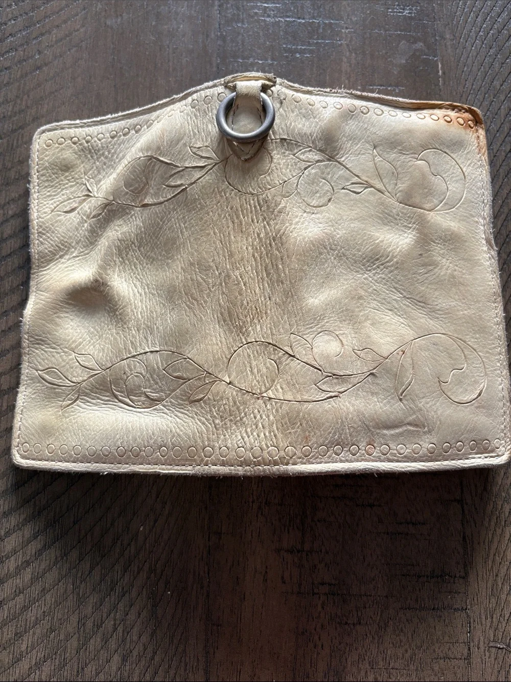 Hand-Tooled Leather Wallet Clutch in Light Beige
